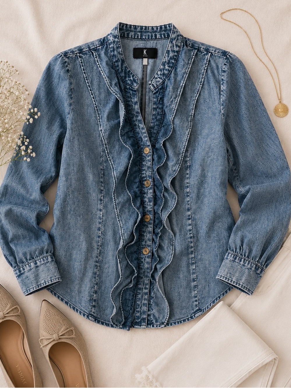 KUT From The Kloth Lyocell Chambray Ruffle Button Front Blouse Size Small